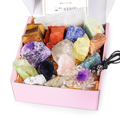 AOOVOO 17Pcs Crystals and Healing Stones, 14Pcs Real Raw Chakra Stones Set, Selenite Charging Plate, Amethyst Necklace, Rose Quartz, Mothers Day Gifts, Gift Box, Guide for Beginners, Collection, Meditation, Yoga - Crystals Set