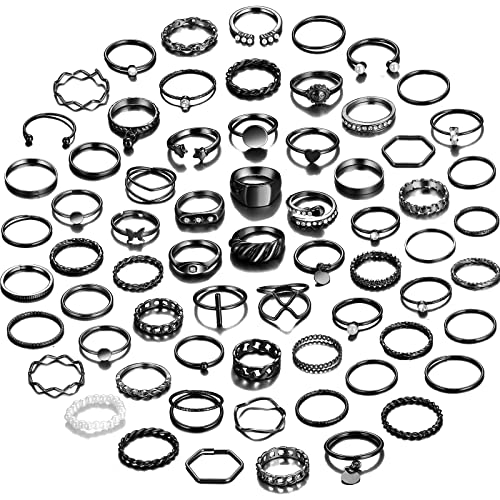 YEEZII 68 Pcs Gold Knuckle Rings Set for Women Girls, Stackable Rings Boho Joint Finger Midi Rings Silver Hollow Carved Crystal Stacking Rings Pack for Gift - h-Black-68 pcs
