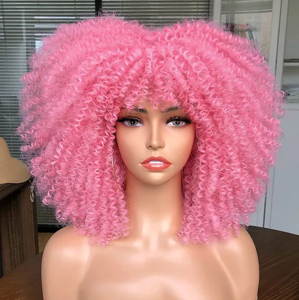 CURLCRAZY Curly Wig with Bangs for Black Women Short Kinky Curly Wig 14inch Afro Hair Halloween Party Christmas Cosplay Wigs(Pink)