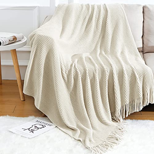 BLAGIC Knitted Throw Blanket for Couch Soft Farmhouse Boho Throw Blanket with Tassels Home Decorative Lightweight Throw Blankets, Throws for Bed/Chair/Sofa, Stripe Textured(Creamy White,50"W x 60"L) - J-creamy White - 50 × 60 in