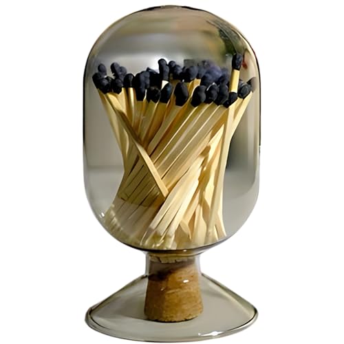 Smoke Gray Glass Matches Cloche | Includes Color Matches & Striker Strip!!! | Grey Tinted Decorative Match Holder Jar for Candles Set Display (Black Matches) - Black Matches