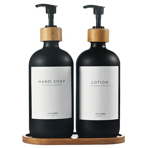 MaisoNovo Black Glass Soap Dispenser with Bamboo Tray | Soap Dispenser Bathroom Set of 2 | Hand Soap Dispenser | Dish Soap Dispenser for Kitchen - Black Glass + Labels