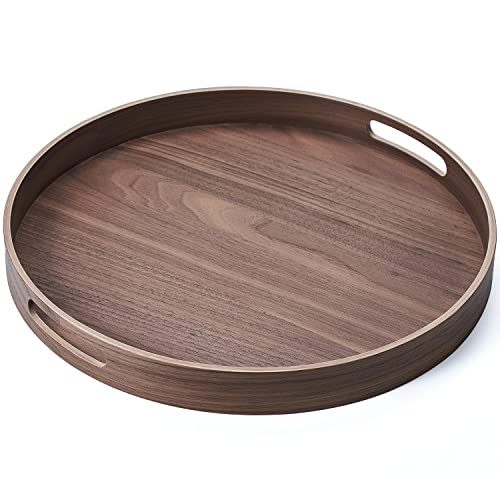 urbanplus 16.5" Walnut Large Round Serving Tray with Handles, Coffee, Wood, Round Shape