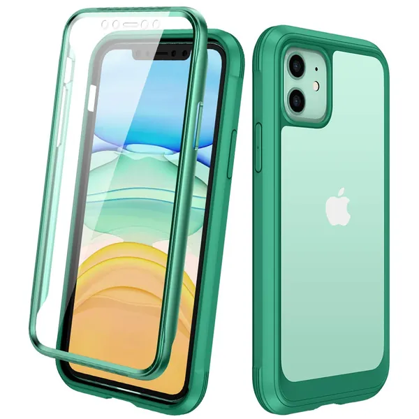 Diaclara Compatible with iPhone 11 Case, Full Body Rugged Case with Built-in Touch Sensitive Anti-Scratch Screen Protector, Soft TPU Bumper Case Clear Compatible with iPhone 11 6.1" (Green and Clear)
