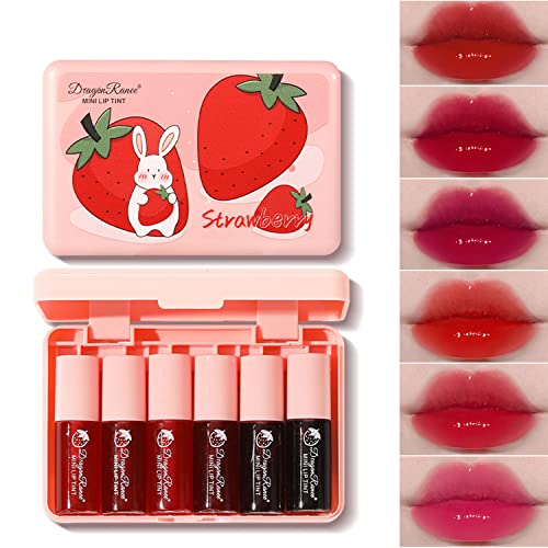 6 Colors Lip Tint Stain Set, Korean Lip Gloss Tint Plumping Mini Liquid Lipstick, Multi-use Lip and Cheek Tint, Long lasting Non-Stick Cup Waterproof, Vivid Color - Set A