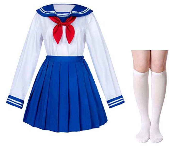 Elibelle Japanese School Girls Uniform Sailor Navy Blue Pleated Skirt Anime Cosplay Costumes with Socks set(SSF13)