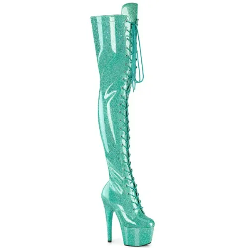 Pleaser Thigh High Glitter Boots Aqua