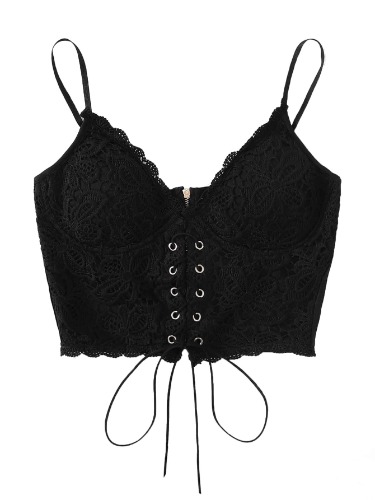 Romwe Women's Eyelet Lace Up Sleeveless Spaghetti Strap Zip Back Crop Camisole Cami Top Vest