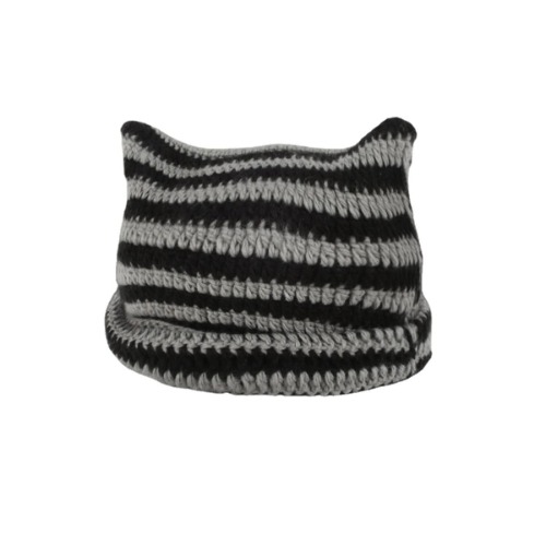 Women Girls Boys Teens Cute CAT Kitty Ears Hats, Winter Warm Knitted Stripe Grunge Accessories Slouchy Headgear