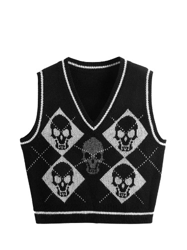 SweatyRocks Women's Sleeveless V Neck Knit Sweater Vest Skull Print Crop Tank Top