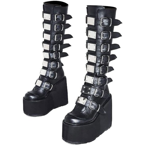AOSPHIRAYLIAN Womens Goth Knee High Boots Wedge High Heel Motorcycle Platform Combat Ankle Boots