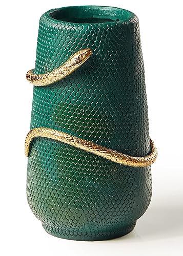 Flower Vase 8 Inch Green and Gold Snake vases for Decor, Unique Flower Vase for Bookshelf, Dinner Table, Living Room, Mantel, Halloween Decor (Upgraded) 1 pc. - 01-green