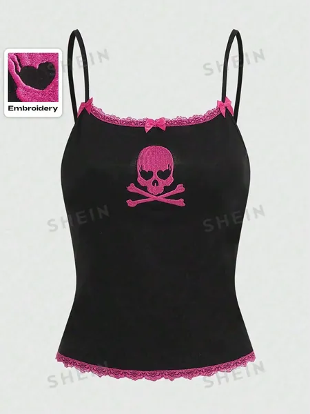 ROMWE Kawaii Skull Embroidery Contrast Lace Bow Detail Cami Top