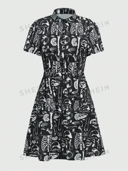 ROMWE Goth Allover Skeleton Print Shirt Dress