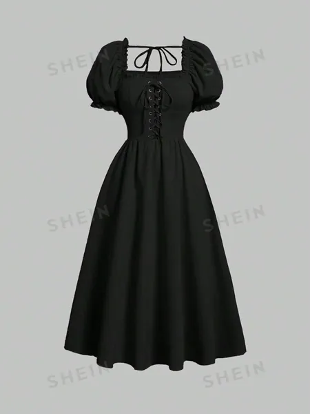SHEIN MOD Solid Lace Up Puff Sleeve Dress