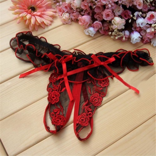 Floral Crotchless Panties - Red