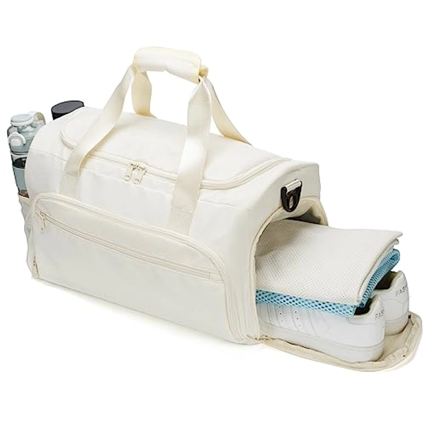Gym Bag for Women, Small Fitness Workout Sports Bag with Wet Pocket & Shoes Compartment, Water Resistant Overnight Weekender Duffle Bag in Beige