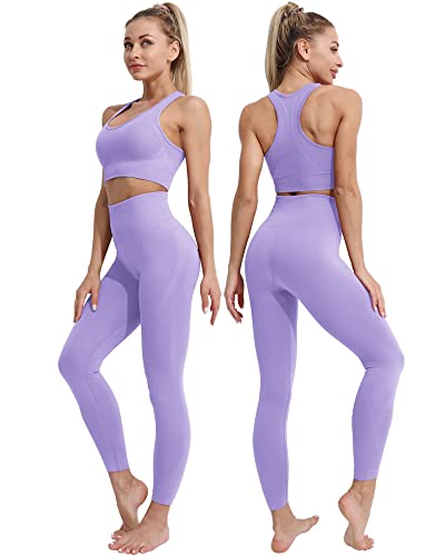 Seamless Workout Sets for Women 2 Piece Padded Sports Bra with High Waisted Yoga Leggings Exercise Set - Purple - Small