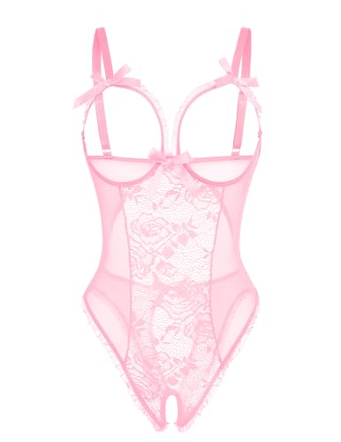 Avidlove Women One Piece Lingerie Sexy Lace Babydoll Mini Bodysuit - Small - Pink