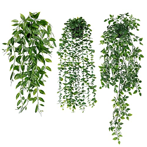 Dremisland 3Pcs Artificial Hanging Plants-Artificial Hanging Plants Potted Greenery Decor-Eucalyptus Mandala Snow Pea Vine in Pot Plants for Office Farmhouse Home Indoor Outdoor Decor (3Pack-A) - 3Pack-A