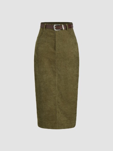  Solid Corduroy Skirt With Belt