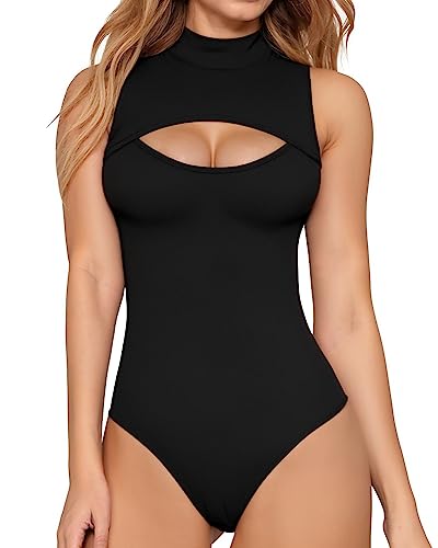 MANGOPOP Women's Cutout Front T Shirt Sleeveless Long Sleeve Short Sleeve Bodysuit Jumpsuits - A Sleeveless Black - X-Large