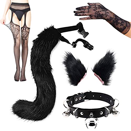 GAJPBLK 7P Faux Fur Cat Ears Hair Clip Furry Wolf Fox Long Tail Costume Halloween Bell Leather Neck Chocker Cosplay Set Gift