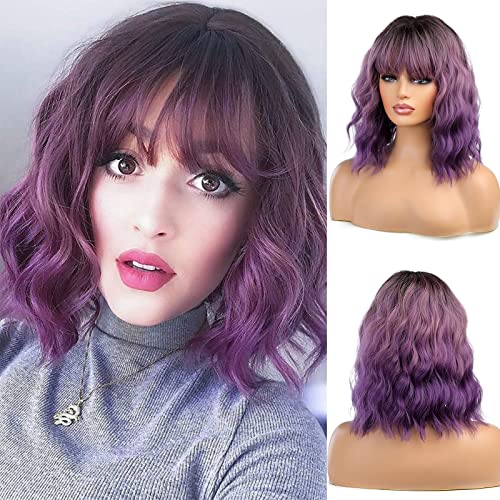 Esmee Short Wavy Ombre Purple Bob Wig with Bangs for Women Natural Synthetic Hair Ombre Wigs with Dark Roots Cosplay Party Use -14 Inches - Purple Bob Wig