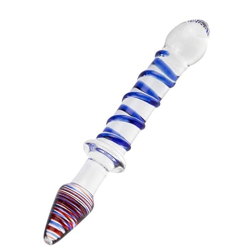 Glass Double Ended Dildo, Crystal Penis Cock Dong Anal Butt Plug Pleasure Wand with Blue Spiral for Men Women Stimulation