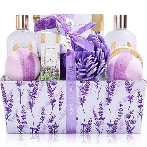 Spa Gift Basket for Women, Luxurious 12pc Lavender Scented Bath Gift Set, Perfect Birthday & Christmas Gifts Idea, Relaxing Home Spa Kit with Body Wash, Bath Bombs, Bubble Bath, Body Lotion & More - lavender