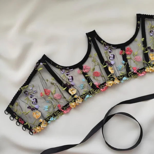 Cupless corset, Underbust corset with embroidered flowers, Black corset, Corset with multi-colored flowers, Bright underbust corset