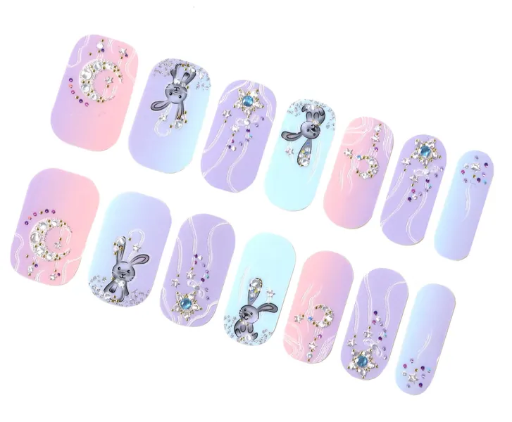 Pastel Lilac Easter Nail Wraps / Rabbit Bunny Nail Polish Strips Women / Unicorn Pink Blue Girl Nail Sticker / Cute Moon 3D Spring Nail Wrap