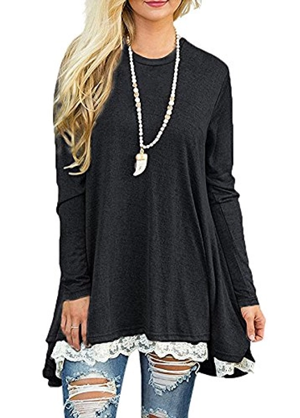 Afibi Women Lace Long Sleeve A-line Swing T-Shirt Loose Tunic Top Blouse