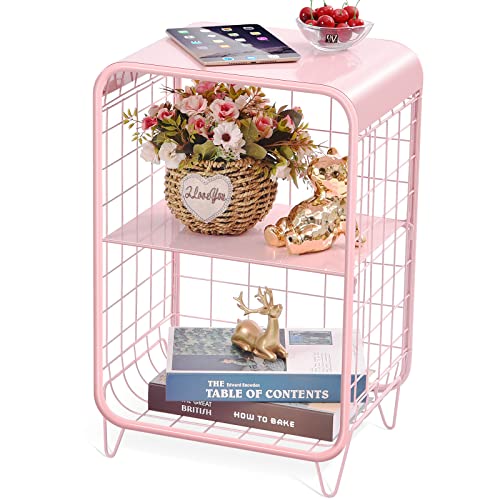 APEXCHASER Side Table, 2-Tier Modern Style, Fashionable Coffee End Table with Storage Shelf, Night Stand with Metal Frame for Living Room, Bedroom, Small Spaces