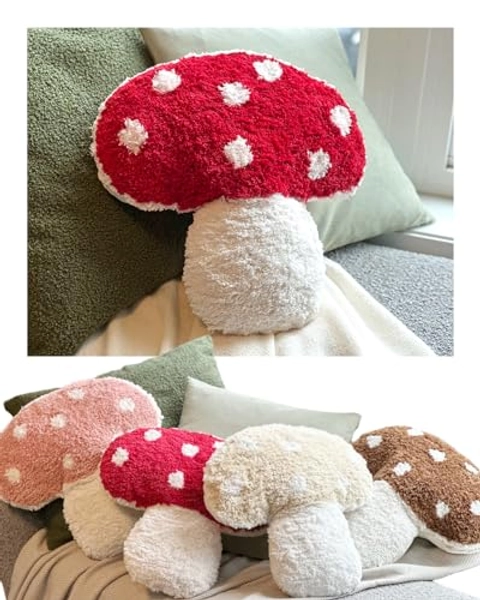 Dreamstall Mushroom Throw Pillow Tufted Mushroom Shape Decorative Cushion 15” x 15” – Mushroom Decor for Bed, Couch, Living Room (Red)