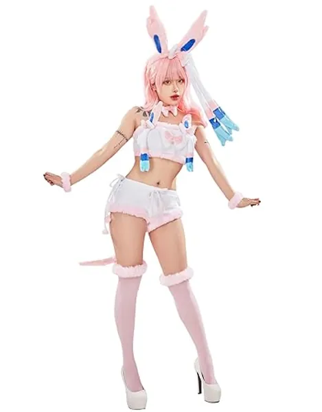 Mobbunny Women Cute Pajamas Set Pink Furry Tube Top and Shorts Anime Cosplay Homewear Sleepwear