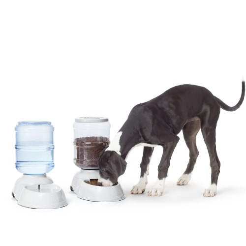 Amazon Basics Automatic Dog Cat Feeder and Water Dispenser Gravity Feeder and Waterer Set, Large, 12-Pound Food Capacity, 2.5-Gallon Water Capacity