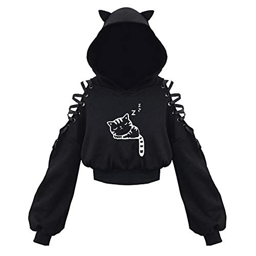 Didadihu Damen Cat Ears Black Hoodie Langarm Kapuzenpullover Sweatshirt Hollow Out Gothic Tops Bluse - 01-schwarz - XL