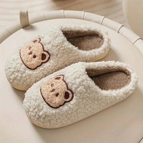 Cute Cozy Bear Plush Closed Toe Slippers - Beige / 36-37