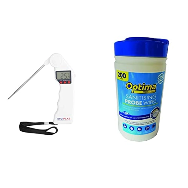 Hygiplas J242 Easytemp Colour Coded White Digital Temperature Measurement & Genware Optima Safe Probe Wipes, Fabric, Blue, Pack of 200