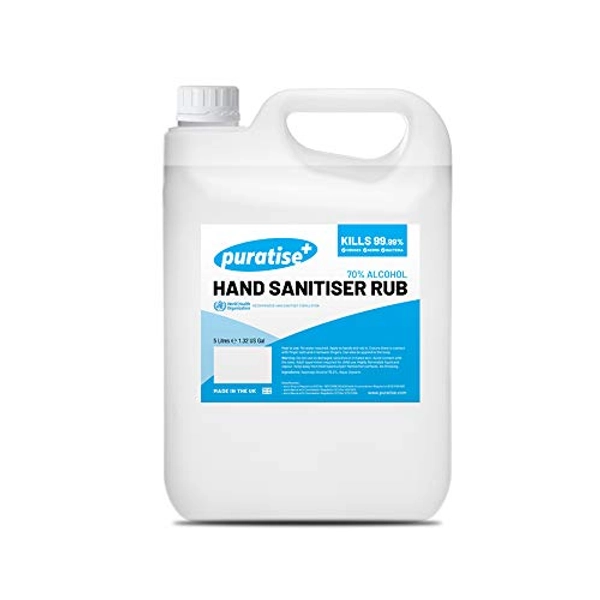 Hand Sanitiser PURATISE 5L Hand Sanitiser Alcohol Liquid RUB - 70% Hand Sanitizer Kills 99.99% of Germs & Bacteria - MADE IN THE UK Melbec Microbiology Approved BSEN 1276:2019 & BSEN1500:2013