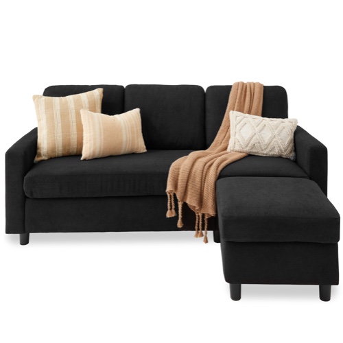 Upholstered Sectional Sofa Couch w/ Chaise Lounge, Reversible Ottoman Bench | Black