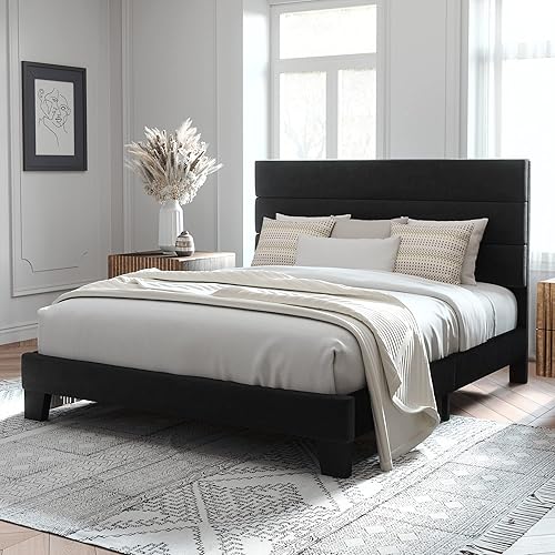 Allewie Full Size Platform Bed Frame with Velvet Upholstered Headboard and Wooden Slats Support, Fully Upholstered Mattress Foundation/No Box Spring Needed/Easy Assembly, Black - Black - Full