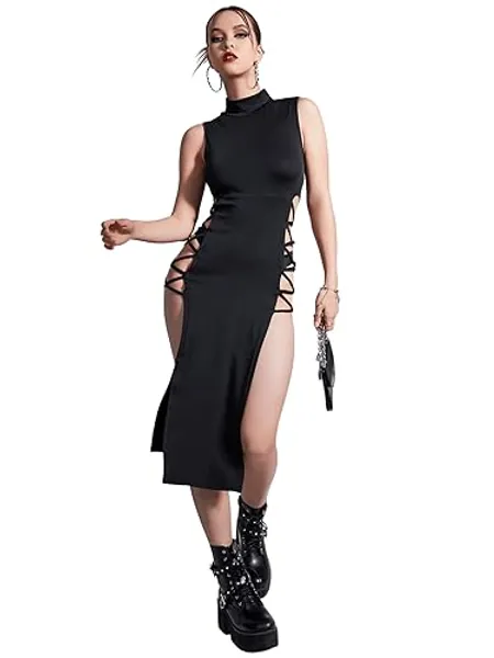 Verdusa Women's Crisscross High Split Mock Neck Sleeveless Midi Bodycon Dress - Medium - Black