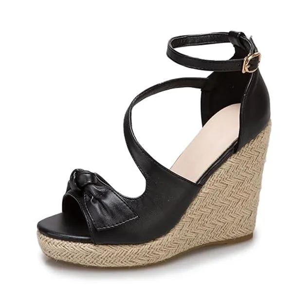 SHEMEE Women's Round Open Toe Espadrille Wedge Sandals Platform High Heel Ankle Strap Buckle Bow Sandalias Summer Shoes