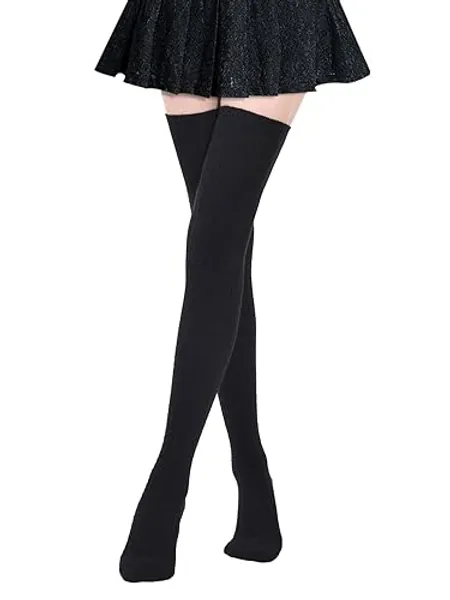 Kayhoma Extra Long Cotton Thigh High Socks Over the Knee High Boot Stockings Cotton Leg Warmers - Medium - Black