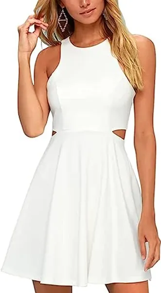 BELONGSCI Women Sweet and Cute Sleeveless Racerback Flared Swing A-Line Waist Hollow Out Summer Short Dress - Rose Red-8812 Medium