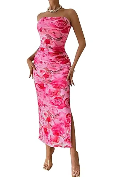 PRETTYGARDEN Women's Summer Maxi Bodycon Dresses Strapless Tube Top Printed Long Party Club Slit Dress - Print Pink - Medium