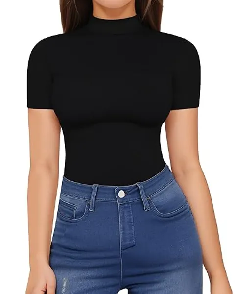 HERLOLLYCHIPS Mock Neck Tops for Women Basic Short Sleeve Tight Summer Sexy Dressy Casual Summer T-Shirts - Black - Medium