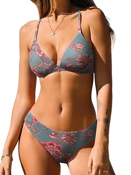 CUPSHE Bikini Set for Women Two Piece Swimsuits V Neck Low Rise Crisscross Back Self Tie Spaghetti Straps - Medium - Red Floral